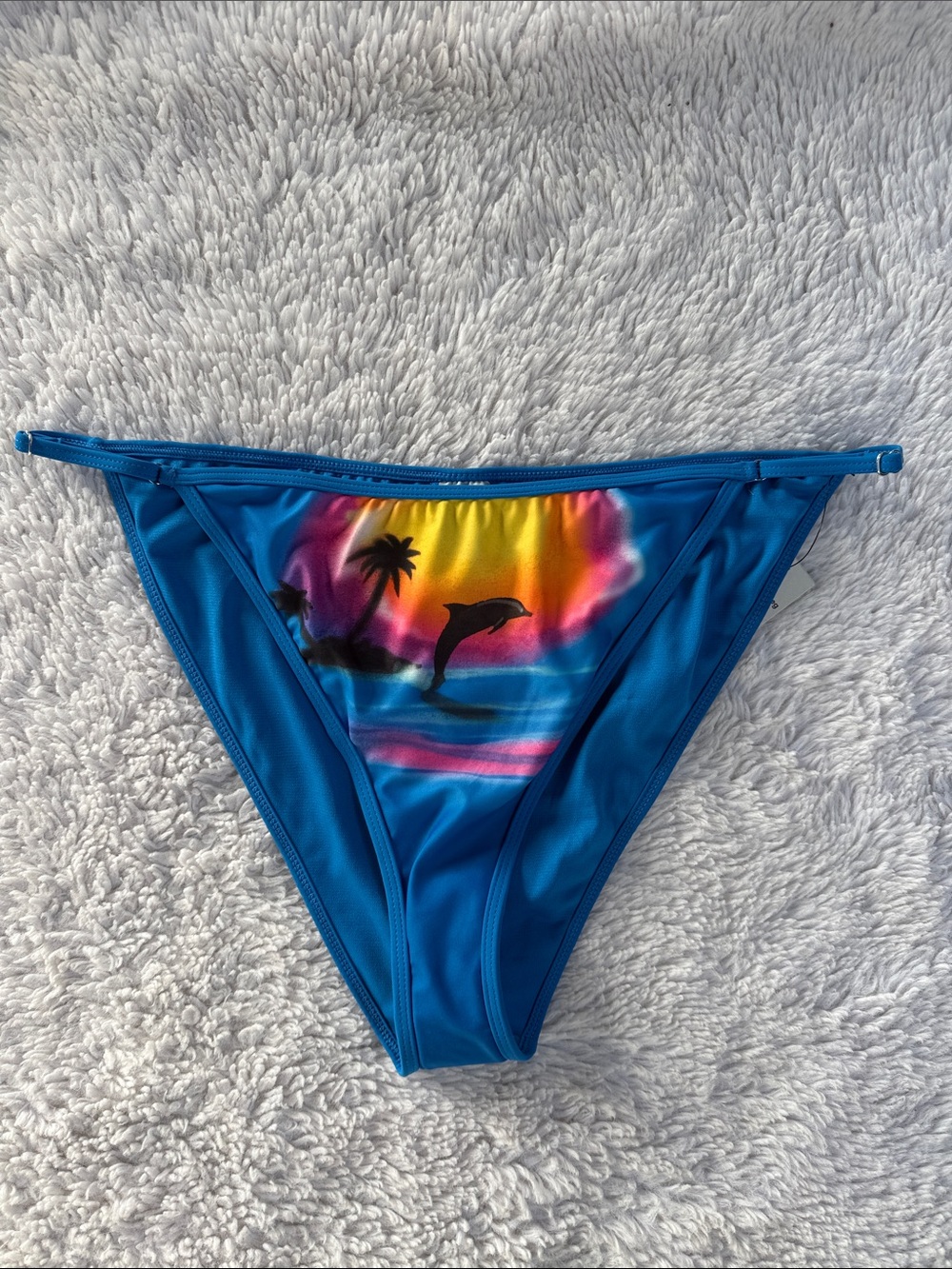 No Boundaries Blue Bikini Bottom with Sunset Dolphin Motif